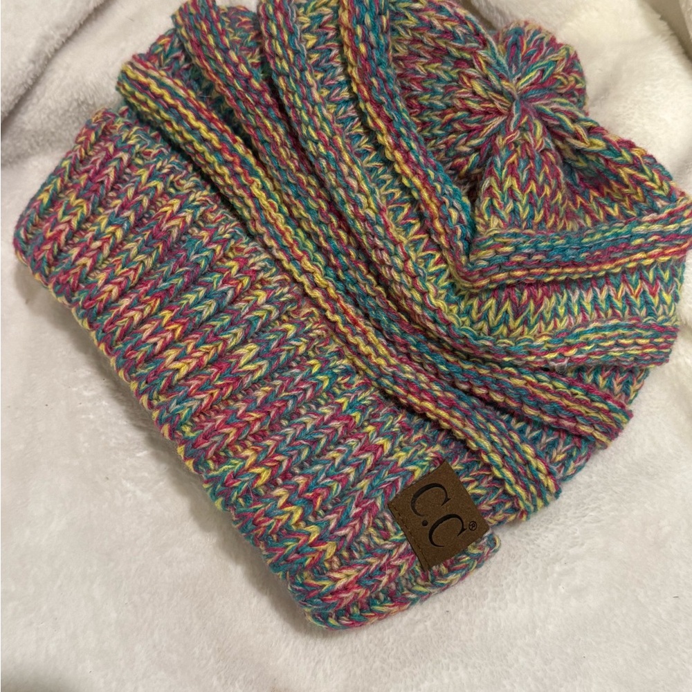 C.C Multicolor Knit Pom Beanie - Pink, Yellow, Blue, Green